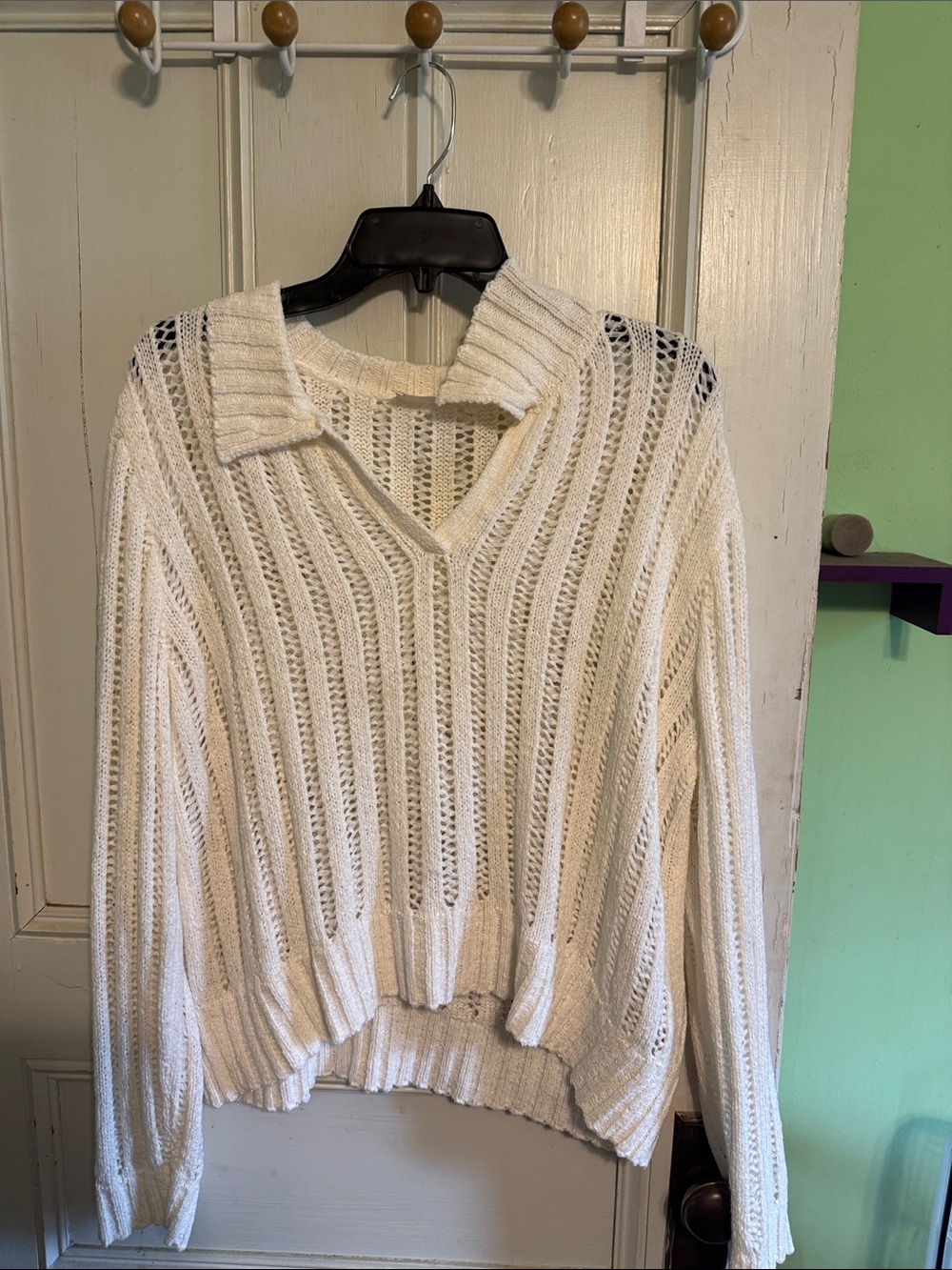 Cyrus Cream Open-Knit V-Neck Sweater with Collar
